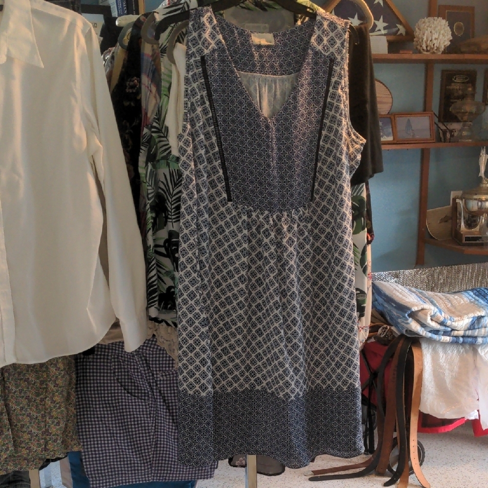 Navy and White Geometric Pattern Dress